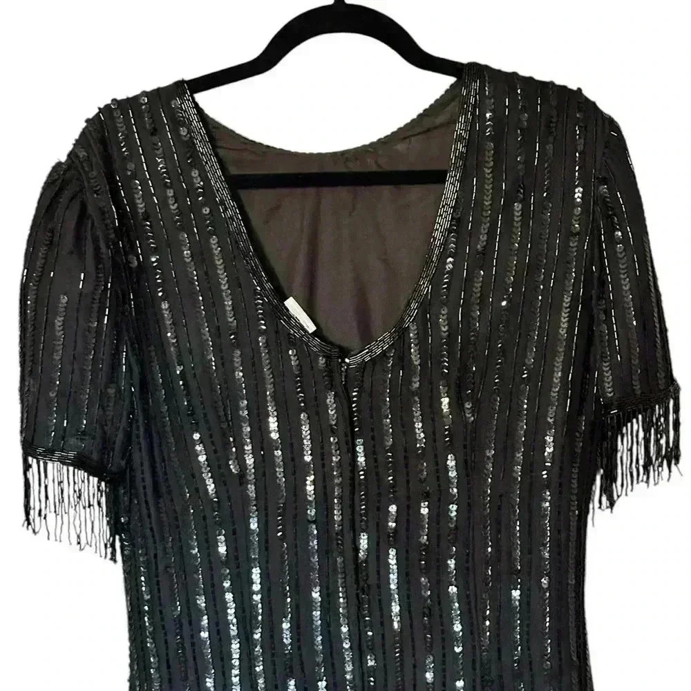 Vintage 80s St’enay Silk Elegant Black Sequin Dress - Picture 6 of 7